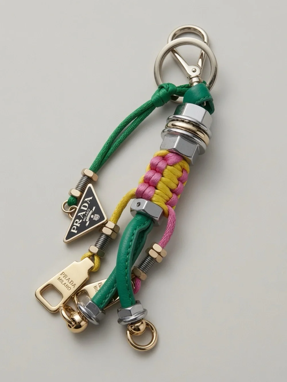 Prada Green Pink Yellow Braided Rope Keychain with Gold Hardware